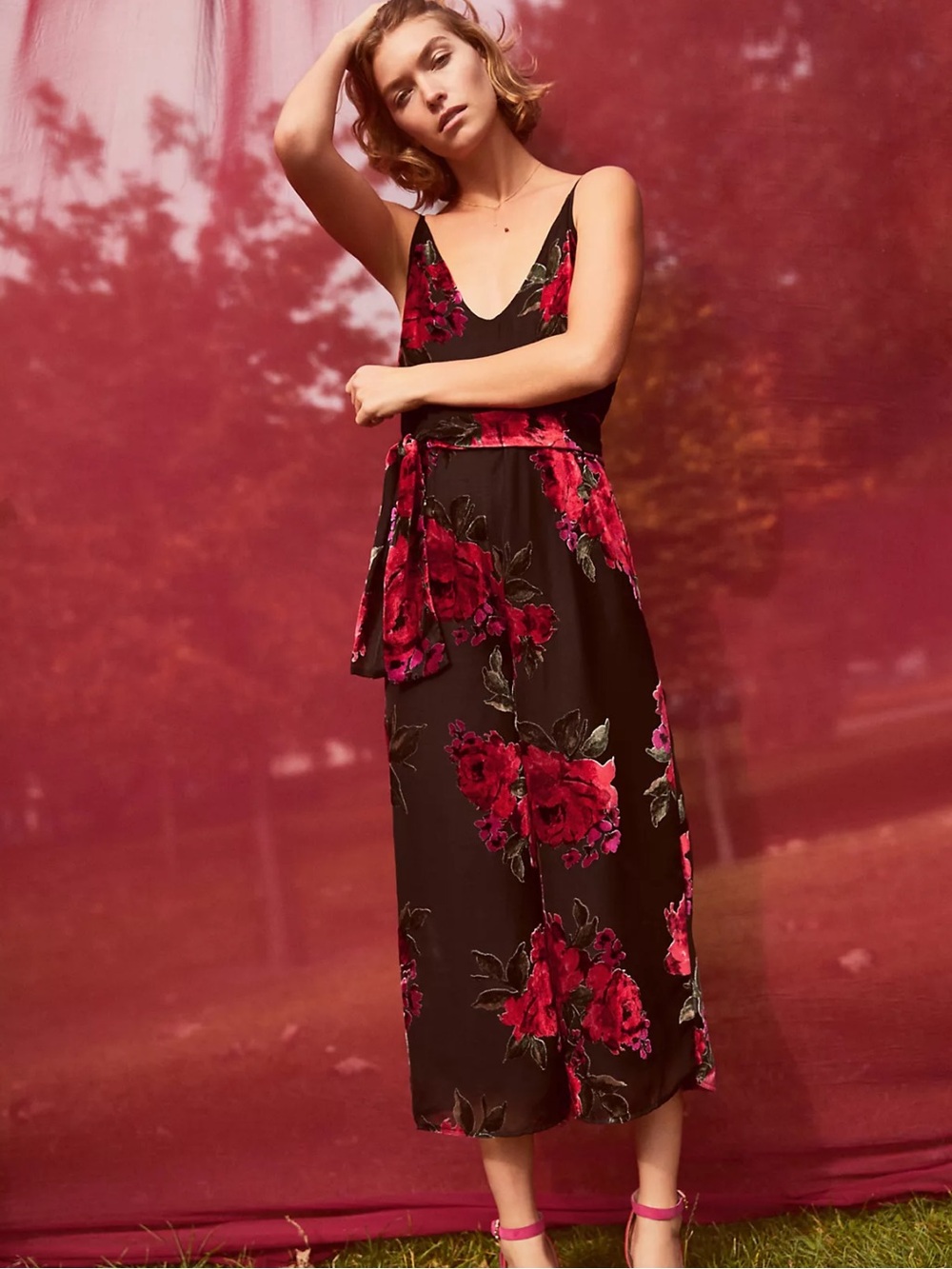 Anthropologie Etti TWA Black Burnout Velvet Floral Cropped Wide Leg Jumpsuit XS - Picture 2 of 16